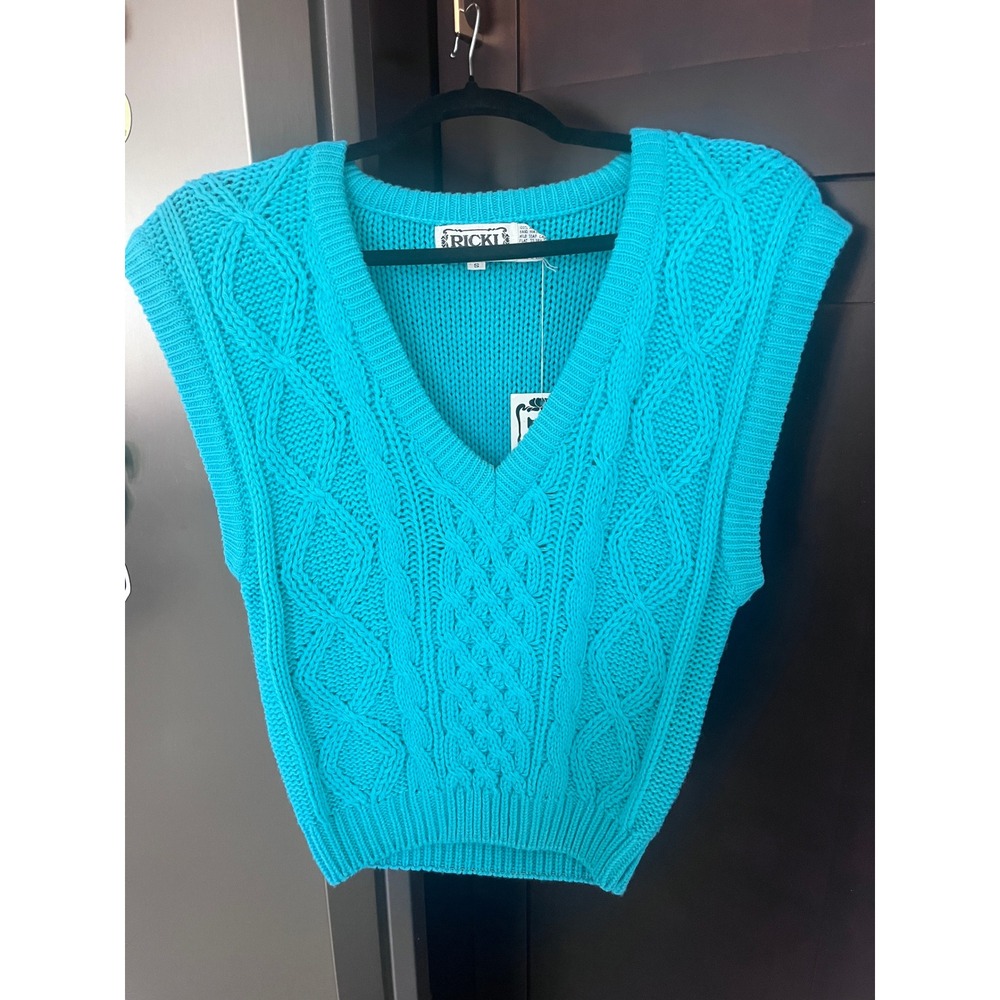 Vintage RICKI Cable Knit Sweater Vest Turquoise Blue V Neck 80s 90s Small